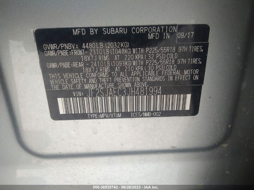 2018 SUBARU FORESTER PREMIUM BLACK EDITION - JF2SJAEC3JH481994