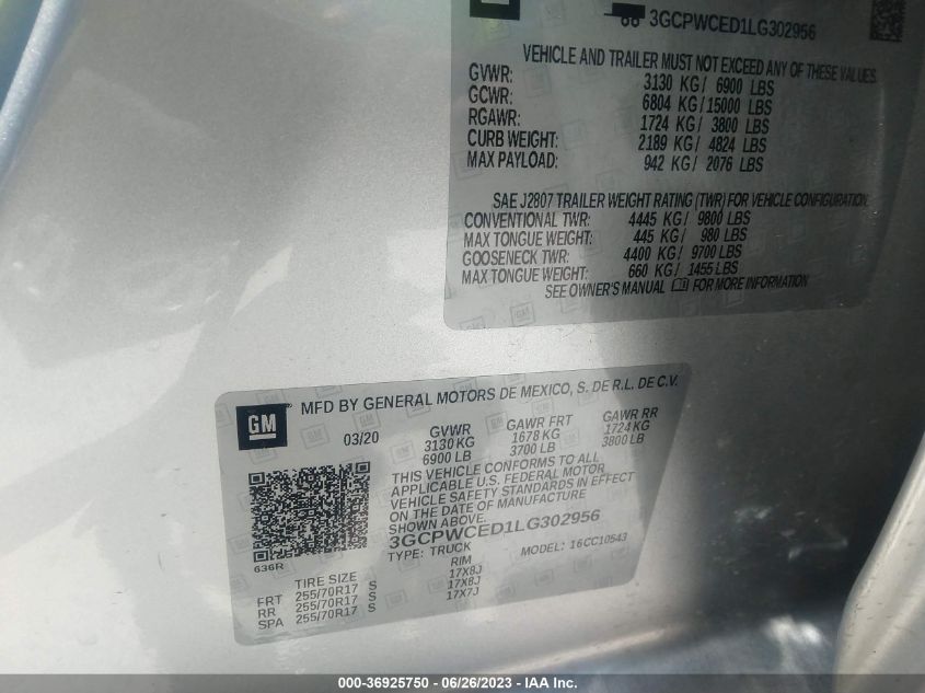2020 CHEVROLET SILVERADO 1500 LT - 3GCPWCED1LG302956