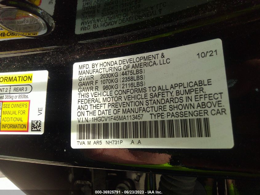 2021 HONDA ACCORD SEDAN SPORT SE - 1HGCV1F45MA113457