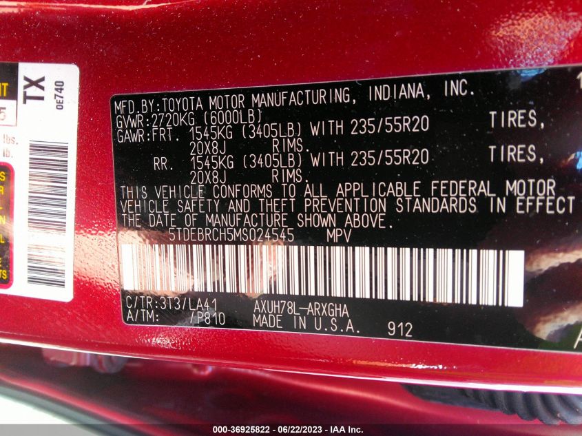 2021 TOYOTA HIGHLANDER HYBRID PLATINUM - 5TDEBRCH5MS024545