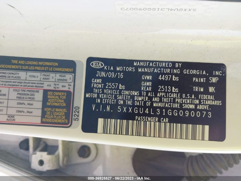 2016 KIA OPTIMA EX - 5XXGU4L31GG090073