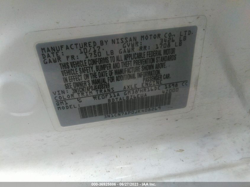 2018 NISSAN VERSA SEDAN SV - 3N1CN7AP0JK408269