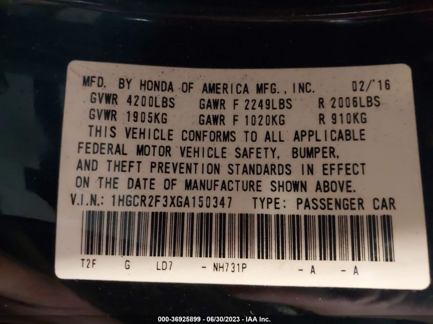 2016 HONDA ACCORD SEDAN LX - 1HGCR2F3XGA150347