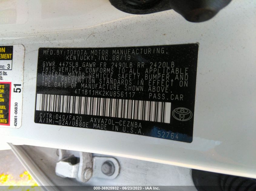 2019 TOYOTA CAMRY LE/SE/XLE/L - 4T1B11HK2KU856117