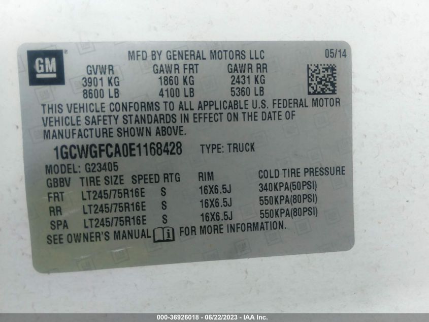 2014 CHEVROLET EXPRESS CARGO VAN - 1GCWGFCA0E1168428