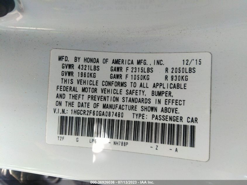 2016 HONDA ACCORD SEDAN SPORT - 1HGCR2F60GA087480