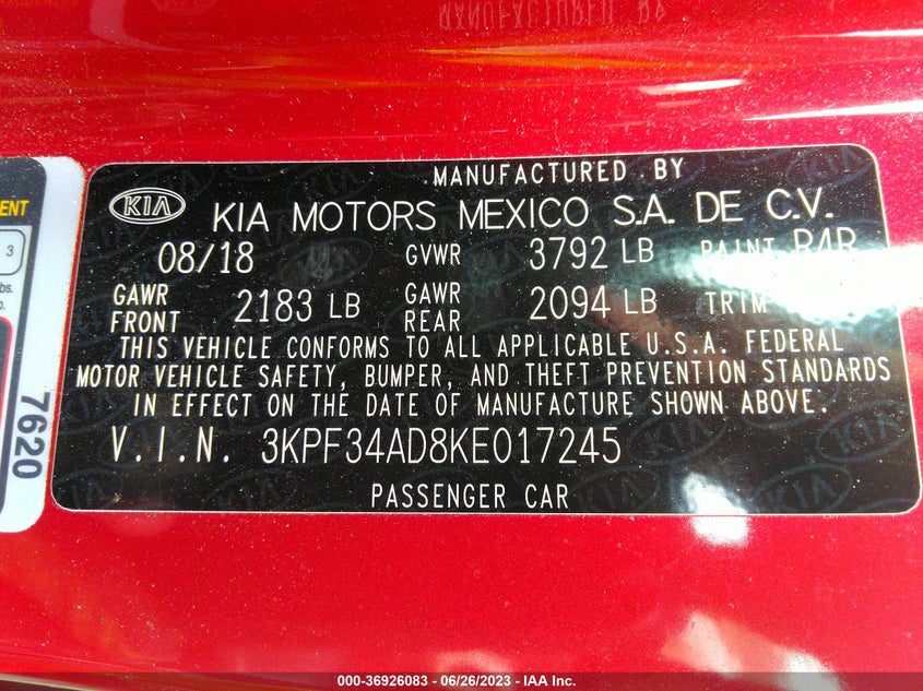 VIN 3KPF34AD8KE017245 2019 KIA FORTE S
