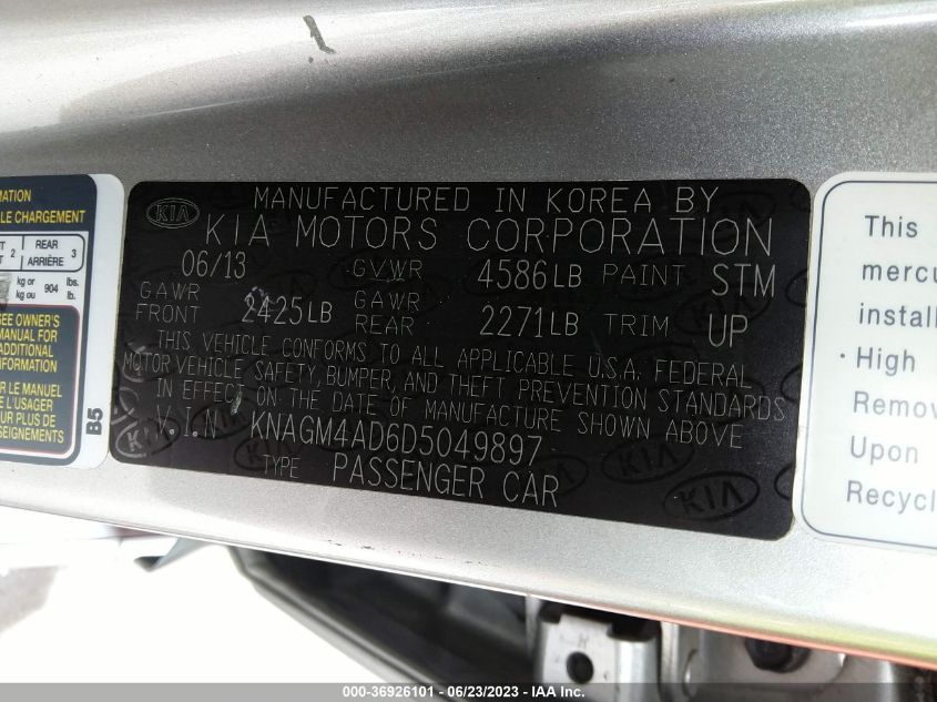 2013 KIA OPTIMA HYBRID EX - KNAGM4AD6D5049897