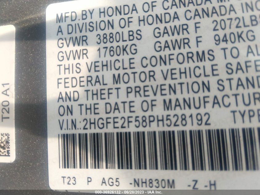 2023 HONDA CIVIC SEDAN SPORT - 2HGFE2F58PH528192