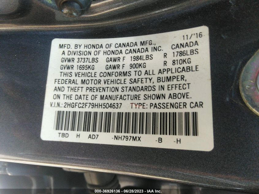 2017 HONDA CIVIC SEDAN EX - 2HGFC2F79HH504637
