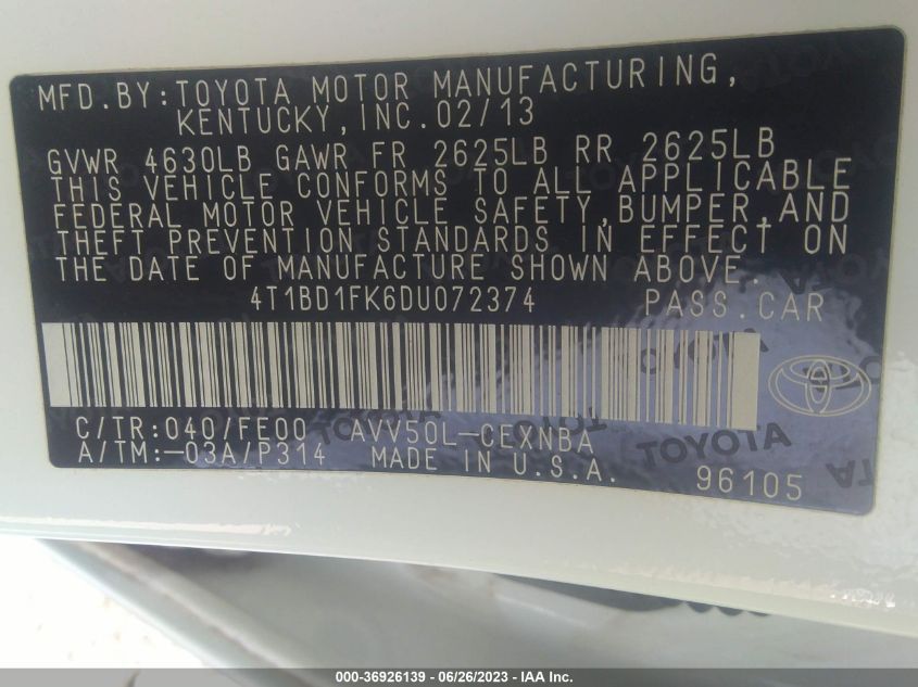 2013 TOYOTA CAMRY HYBRID LE/XLE - 4T1BD1FK6DU072374