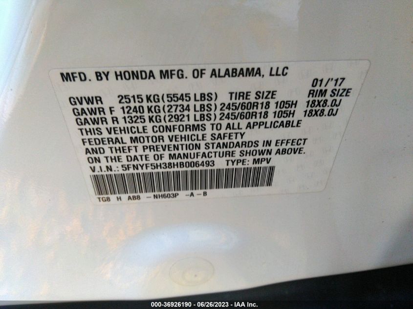 2017 HONDA PILOT EX - 5FNYF5H38HB006493