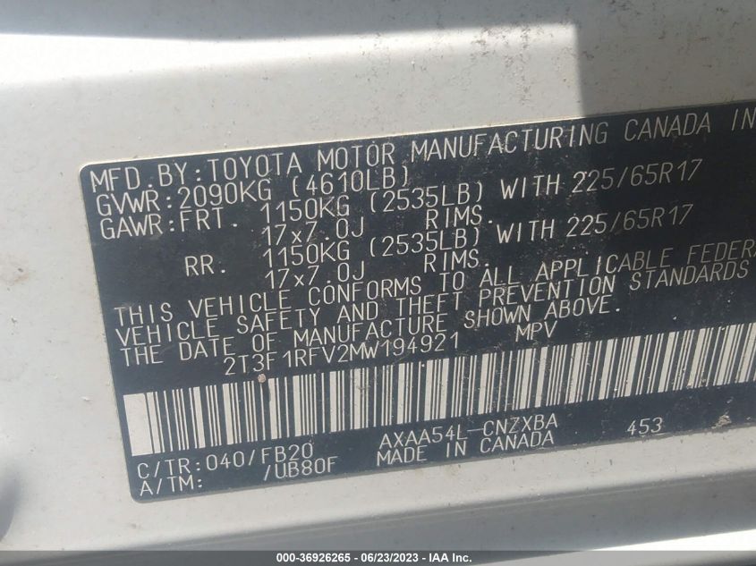 2021 TOYOTA RAV4 LE - 2T3F1RFV2MW194921