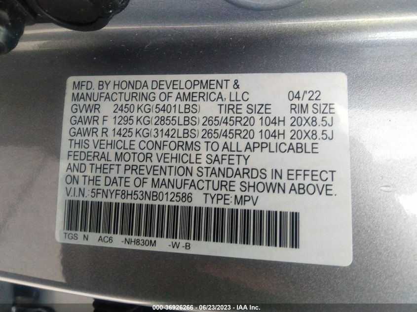 2022 HONDA PASSPORT EX-L - 5FNYF8H53NB012586