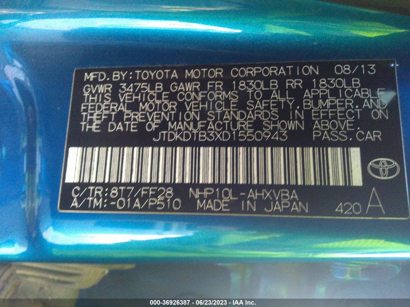 2013 TOYOTA PRIUS C ONE/TWO/THREE/FOUR - JTDKDTB3XD1550943