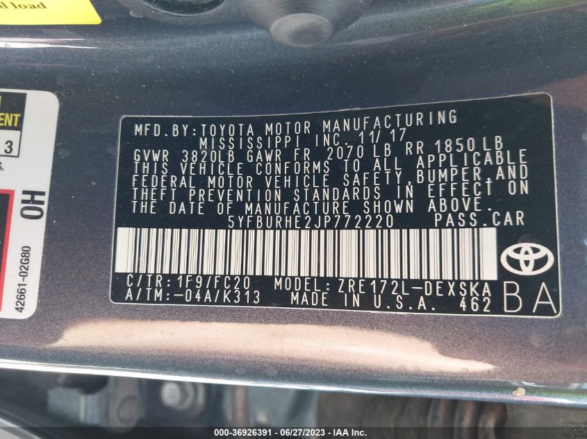 2018 TOYOTA COROLLA L/LE/XLE/SE/XSE - 5YFBURHE2JP772220