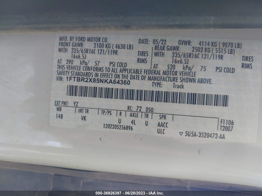 VIN 1FTBR2X85NKA64360 2022 FORD TRANSIT CARGO VAN