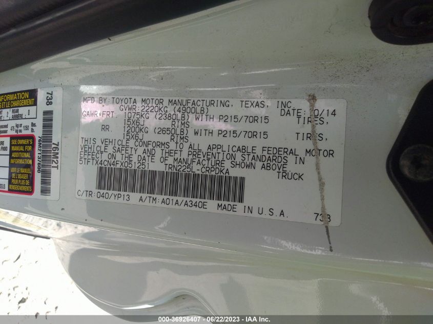 2015 TOYOTA TACOMA - 5TFTX4CN4FX051251