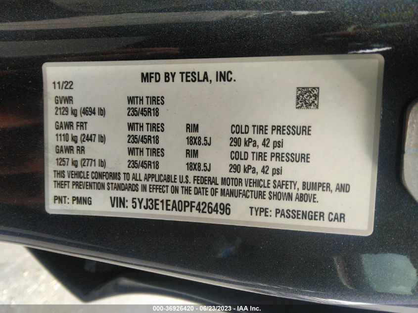 2023 TESLA MODEL 3 - 5YJ3E1EA0PF426496
