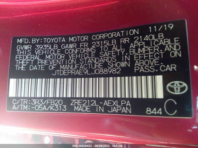 2020 TOYOTA COROLLA LE - JTDEPRAE9LJ088982