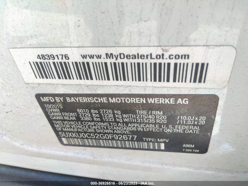 2016 BMW X6 SDRIVE35I - 5UXKU0C52G0F92677