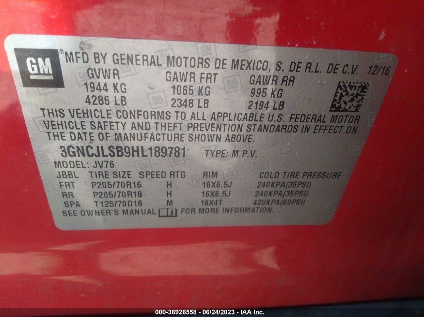 2017 CHEVROLET TRAX LT - 3GNCJLSB9HL189781