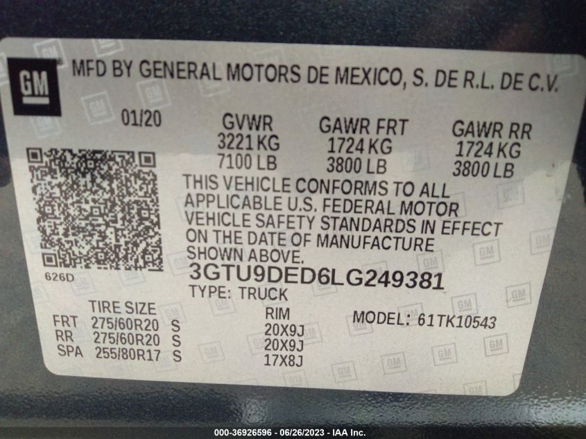 2020 GMC SIERRA 1500 SLT - 3GTU9DED6LG249381