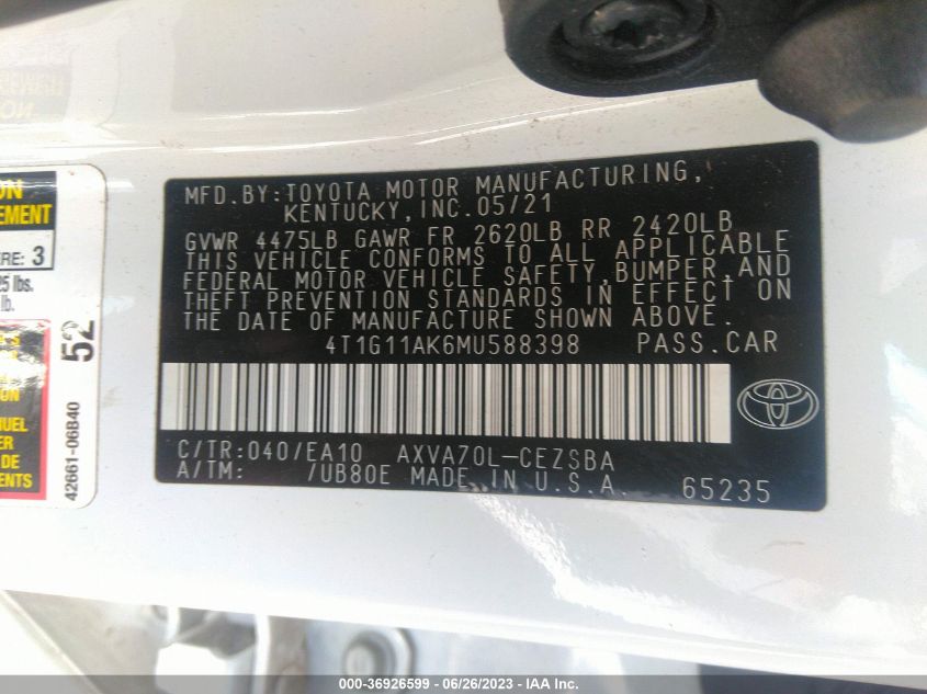 2021 TOYOTA CAMRY SE - 4T1G11AK6MU588398