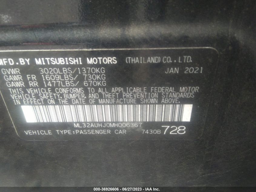2021 MITSUBISHI MIRAGE ES/LE/CARBONITE EDITION - ML32AUHJ0MH006367