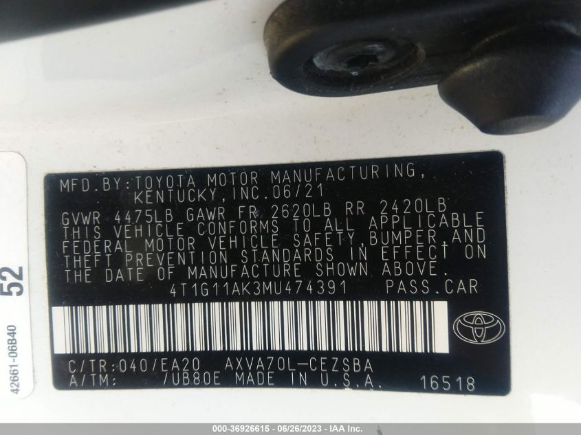 2021 TOYOTA CAMRY SE - 4T1G11AK3MU474391