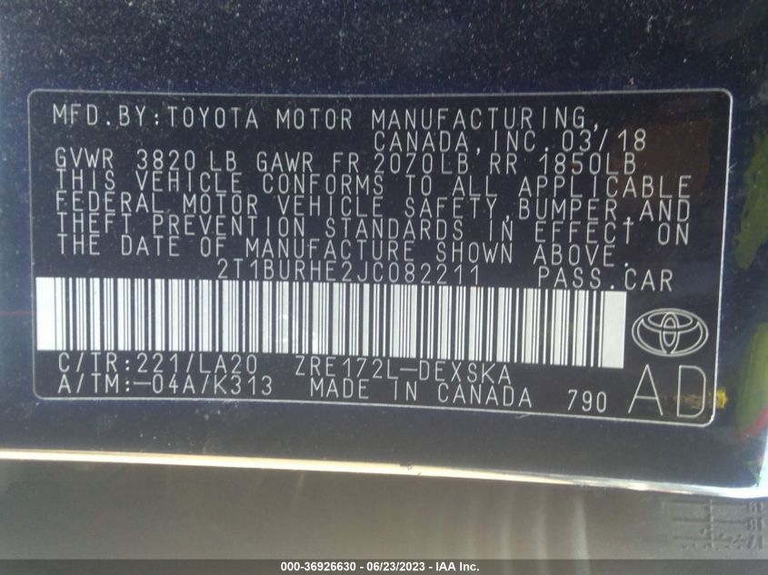 2018 TOYOTA COROLLA L/LE/XLE/SE/XSE - 2T1BURHE2JC082211