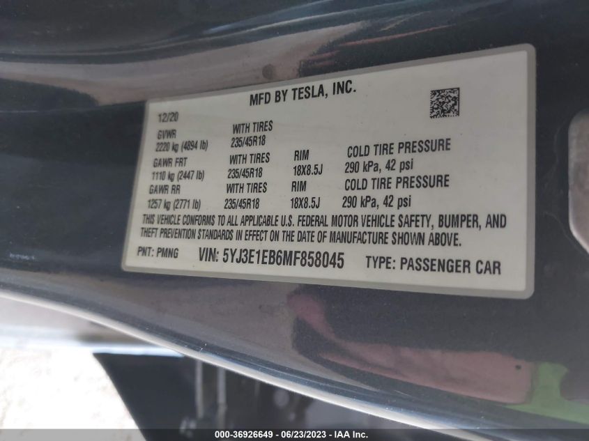 5YJ3E1EB6MF858045 Tesla Model 3 LONG RANGE 9