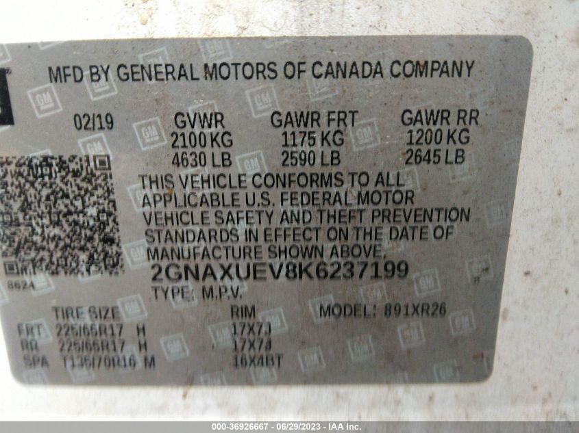 2019 CHEVROLET EQUINOX LT - 2GNAXUEV8K6237199