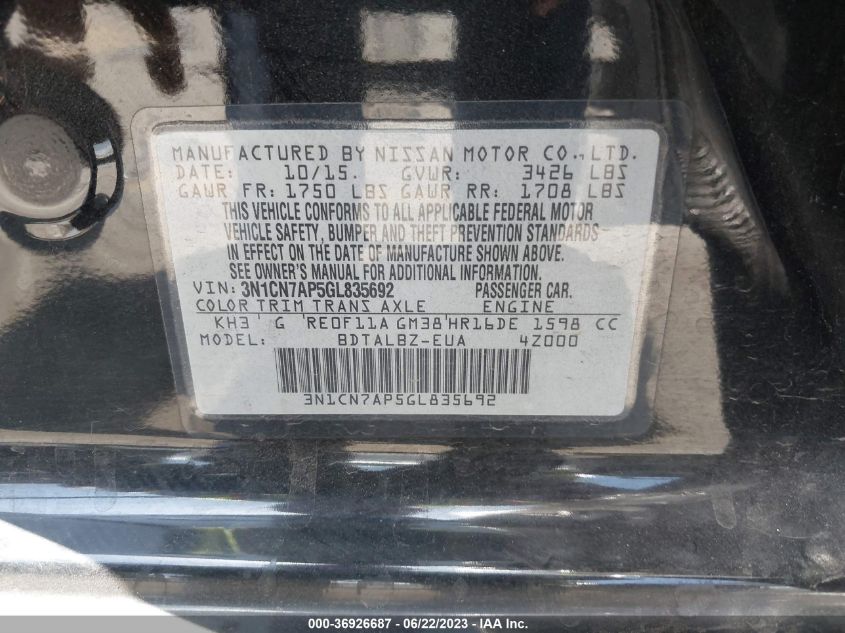 2016 NISSAN VERSA SV - 3N1CN7AP5GL835692