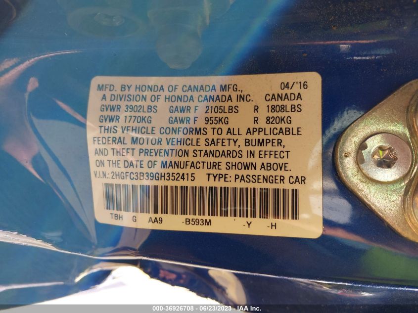 2016 HONDA CIVIC COUPE EX-T - 2HGFC3B39GH352415