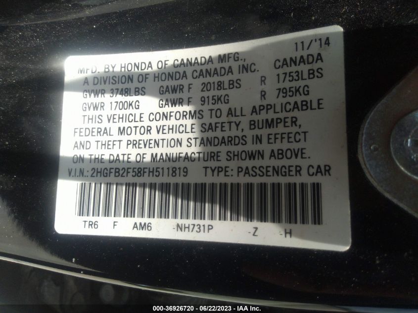 2015 HONDA CIVIC SEDAN LX - 2HGFB2F58FH511819