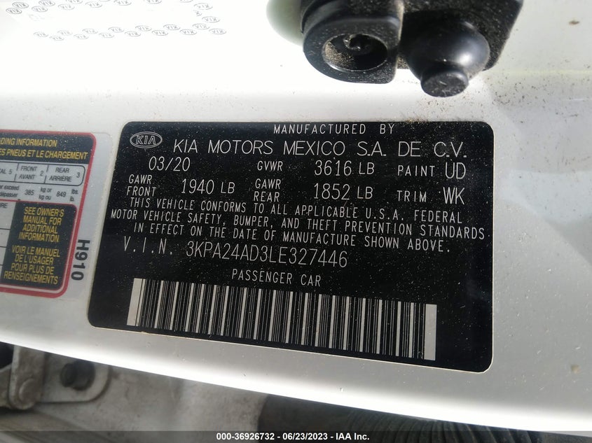 VIN 3KPA24AD3LE327446 2020 KIA RIO LX