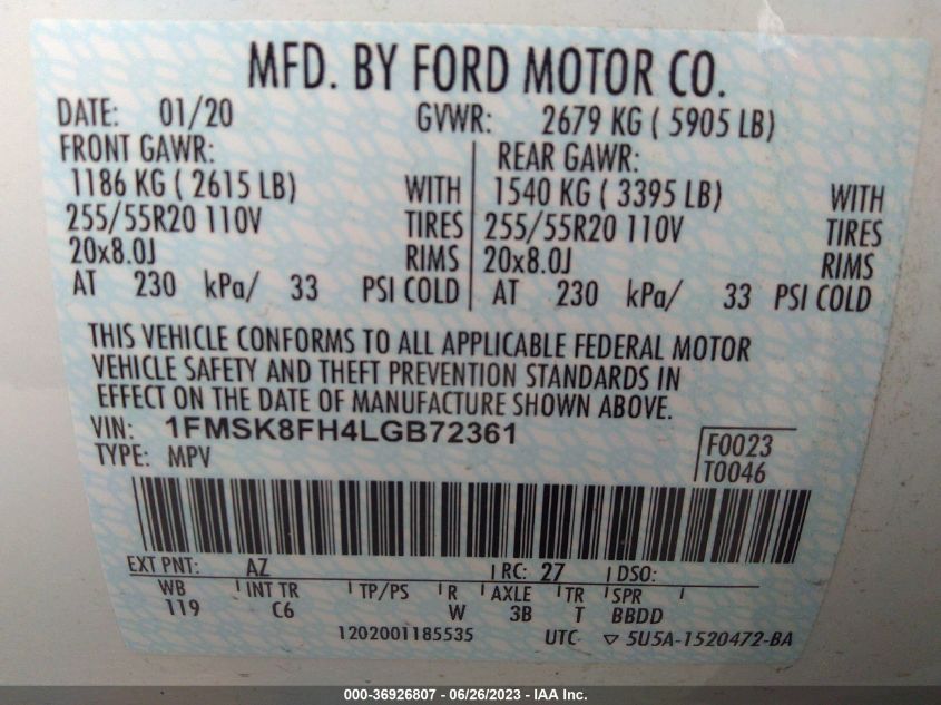 2020 FORD EXPLORER LIMITED - 1FMSK8FH4LGB72361