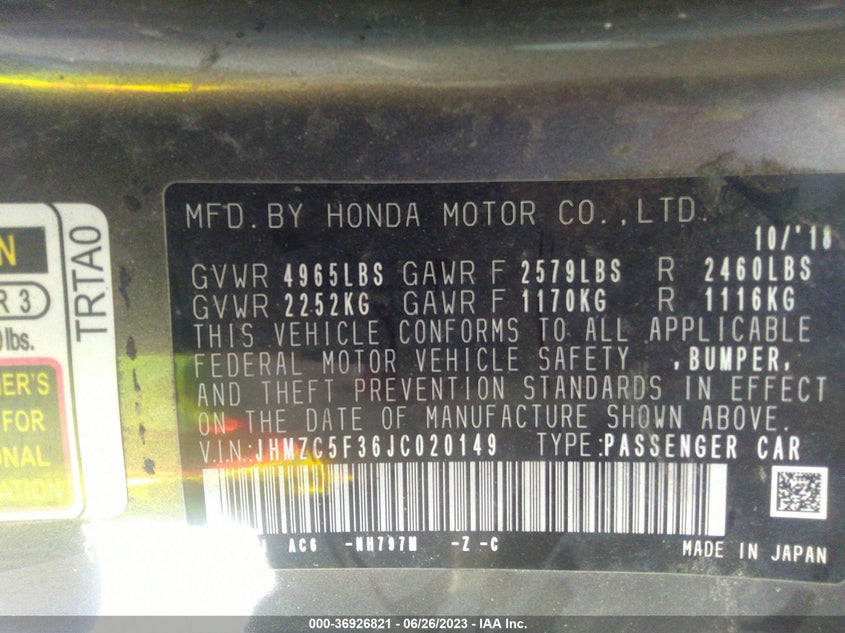 VIN JHMZC5F36JC020149 2018 HONDA CLARITY PLUG-IN HYBRID TOURING