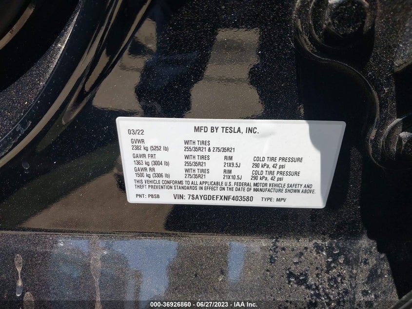 VIN 7SAYGDEFXNF403580 2022 TESLA MODEL Y PERFORMANCE