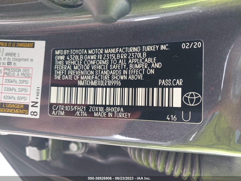 VIN NMTKHMBX0LR109996 2020 TOYOTA C-HR XLE/LE/LIMITED