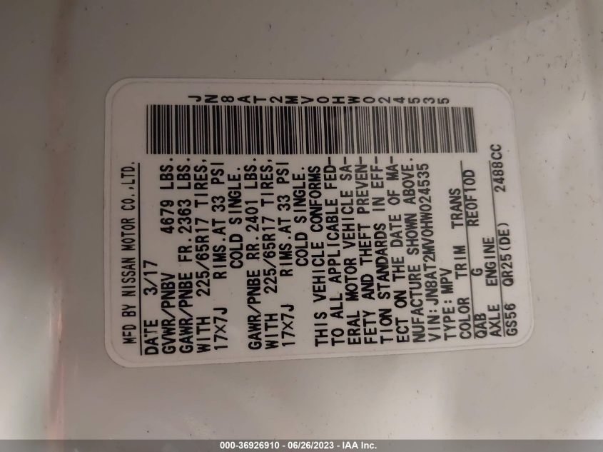 2017 NISSAN ROGUE SV - JN8AT2MV0HW024535