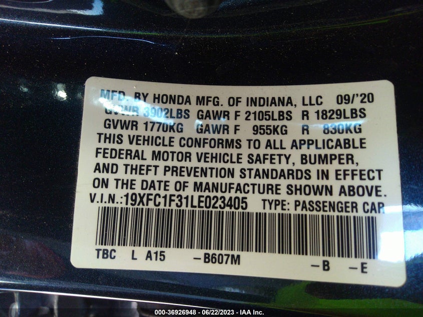 VIN 19XFC1F31LE023405 2020 HONDA CIVIC SEDAN EX