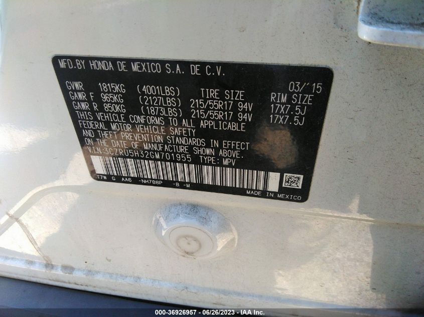 2016 HONDA HR-V LX - 3CZRU5H32GM701955