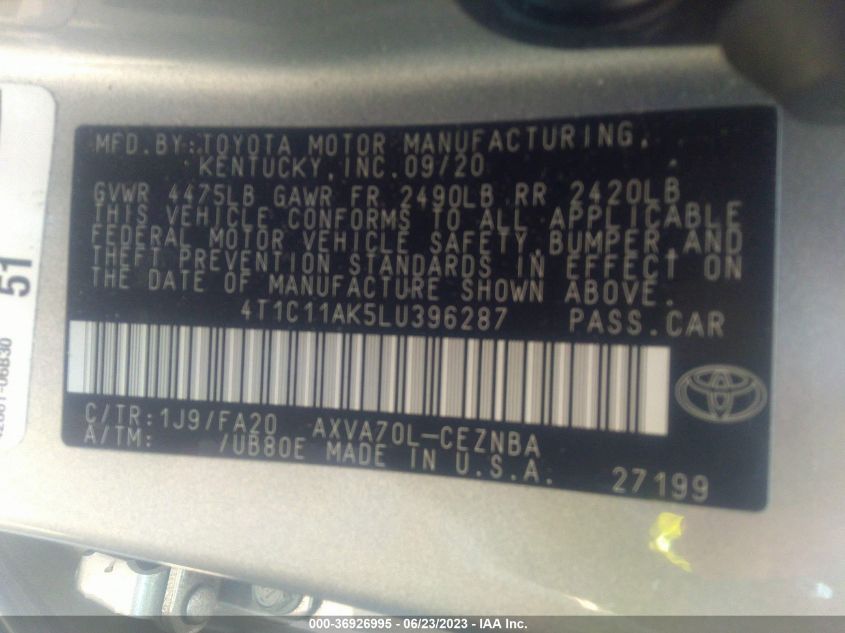 2020 TOYOTA CAMRY LE - 4T1C11AK5LU396287