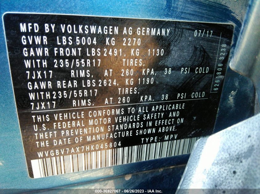 2017 VOLKSWAGEN TIGUAN - WVGBV7AX7HK045804
