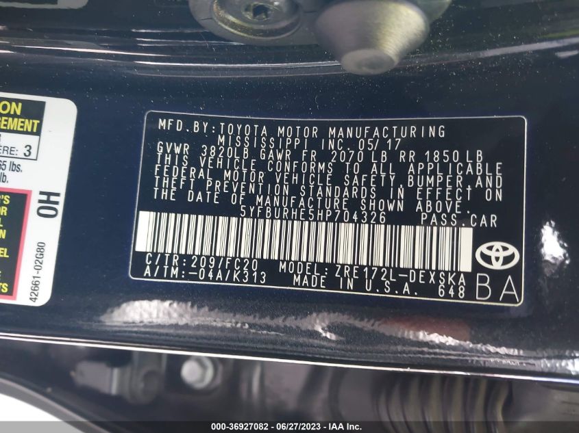 2017 TOYOTA COROLLA L/LE/XLE/SE - 5YFBURHE5HP704326