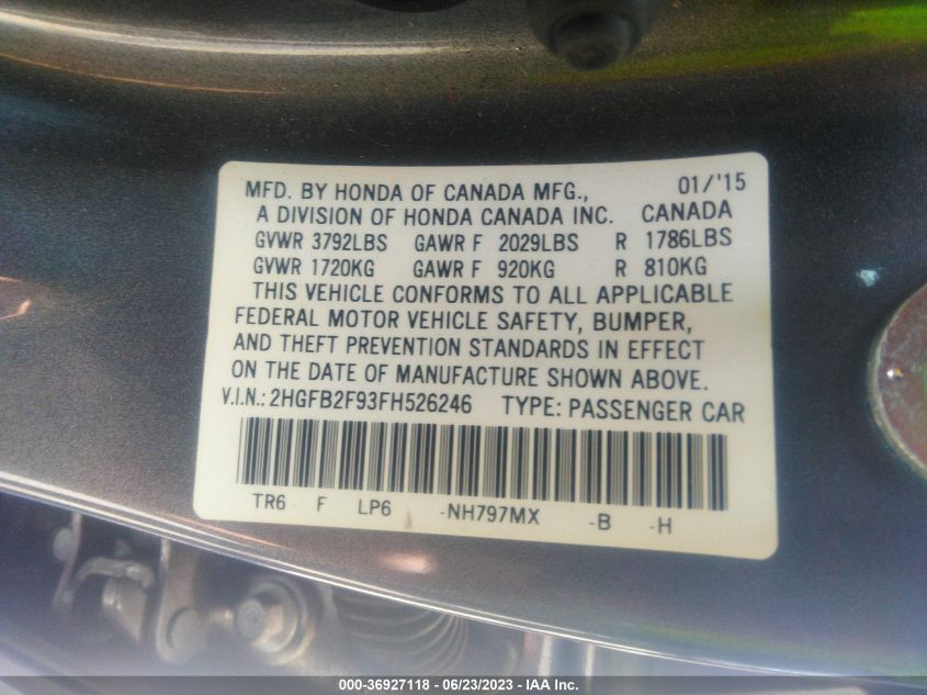 2015 HONDA CIVIC SEDAN EX-L - 2HGFB2F93FH526246