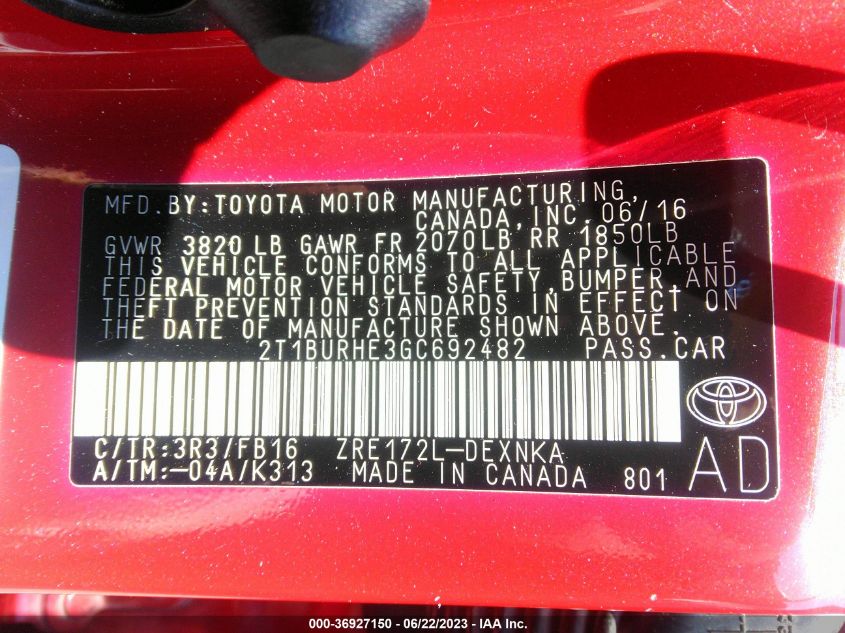 2016 TOYOTA COROLLA L/LE/S/S PLUS/LE PLUS - 2T1BURHE3GC692482