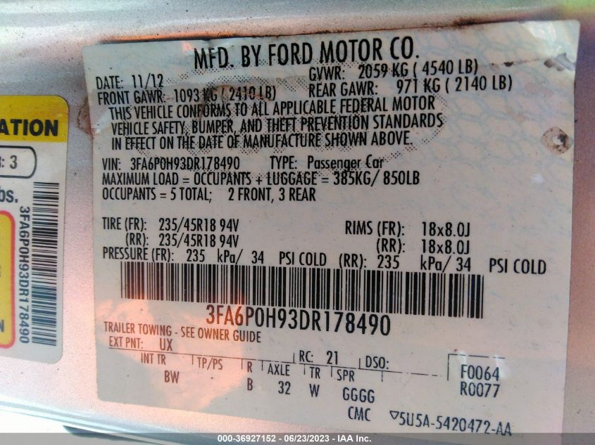 2013 FORD FUSION SE - 3FA6P0H93DR178490